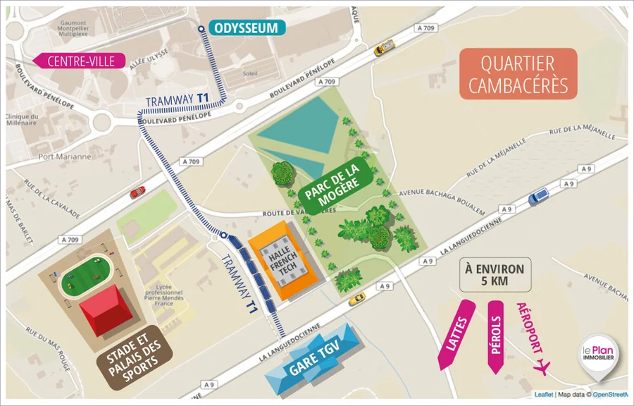 Plan Cambacérès Montpellier — tramway T1, Halle French Tech, Gare TGV, Parc de la Mogère