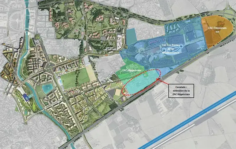 Plan ZAC Hippocrate Montpellier — boulevard Pénélope 34000, extension Cavalade 7,85 ha, ZAC Odysseum Est, ZAC Portes de la Méditerranée