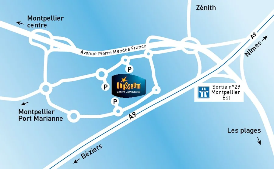 Plan d'accès Odysseum Montpellier — A9 sortie 29 Montpellier Est, tramway L1